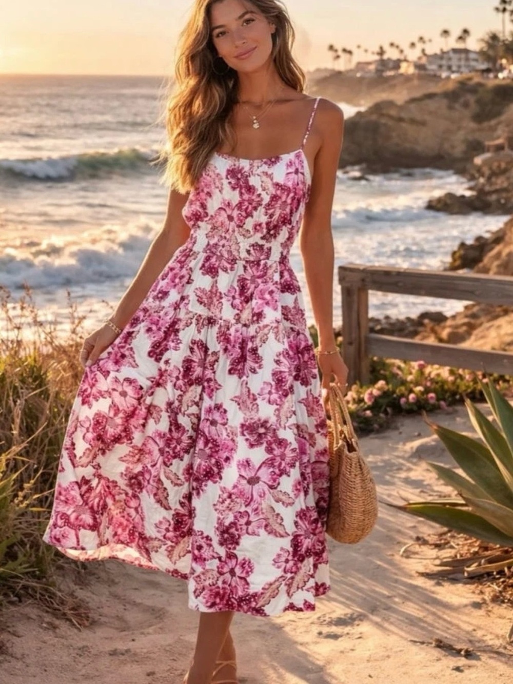 Pink Floral Linen Blend Smocked Midi Cami Dress Pockets XL Beachy Granola